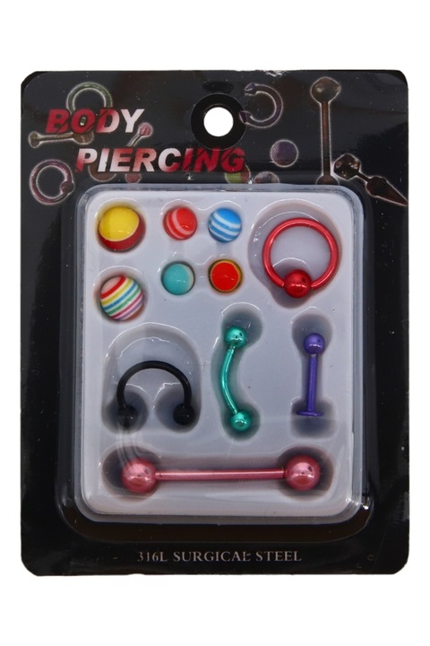 5 db piercingből, 6 db cseregolyóból álló készlet, NO6285, 1-3 cm, Multicolor