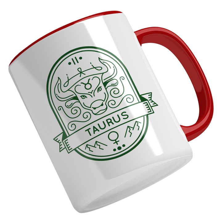 Cana Cu Semn Zodie Taur, Animal Cu Coarne, Simbol Taurus Vintige, Mituri, Zodiac, Verde 330 ml, Maner Rosu
