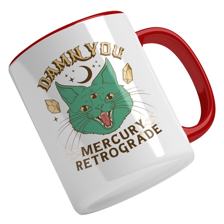 Cana Cu Pisica Monstru, Miercuri Retrograd, Mesaj In Engleza, Mit, Multicolor 330 ml, Maner Rosu