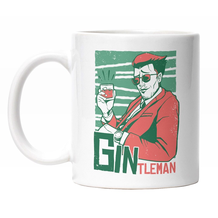 Cana Cu Portret Barbat La Bar Cu Pahar In Mana, Text Haios Gintelman, Iubitorii De Petrecere, Multicolor 330 ml, Maner Alb