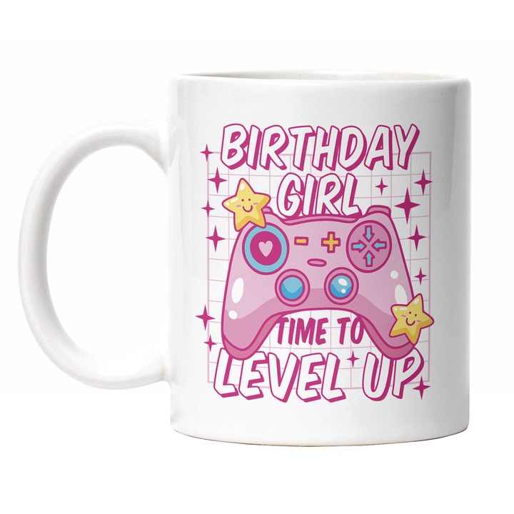 Cana Cu Maneta Play Station Roz, Text In Engleza Birthday Girl Time To Lever Up, Aniversare, Multicolor 330 ml, Maner Alb