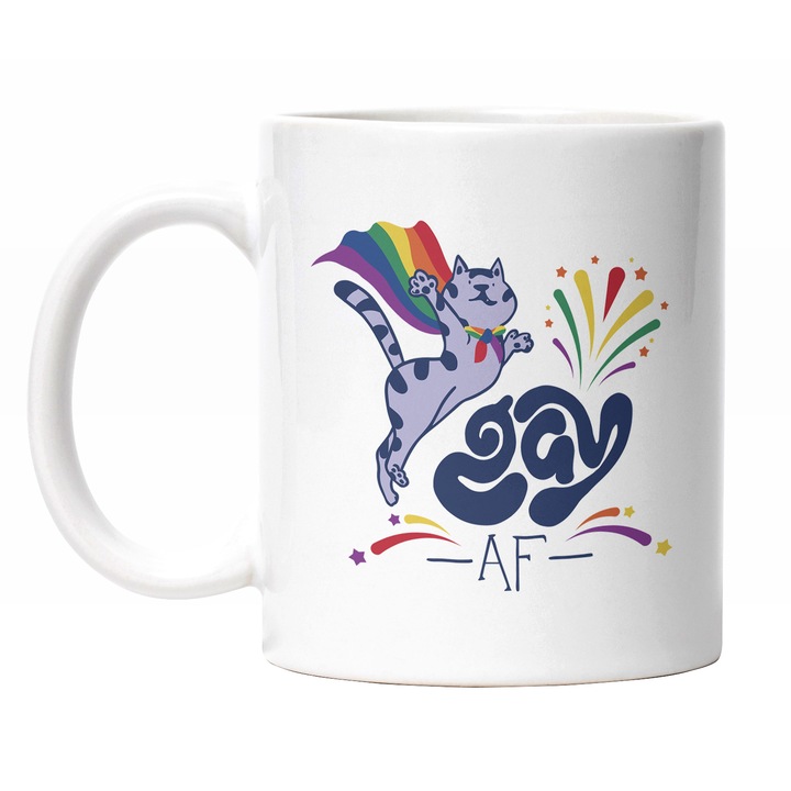 Cana Cu Pisica Zburatoare Cu Pelerina Cu Emblema Gay Pride, Mesaj In Engleza Gay AF, Iubitorii De Pisici Si Motani, Multicolor 330 ml, Maner Alb