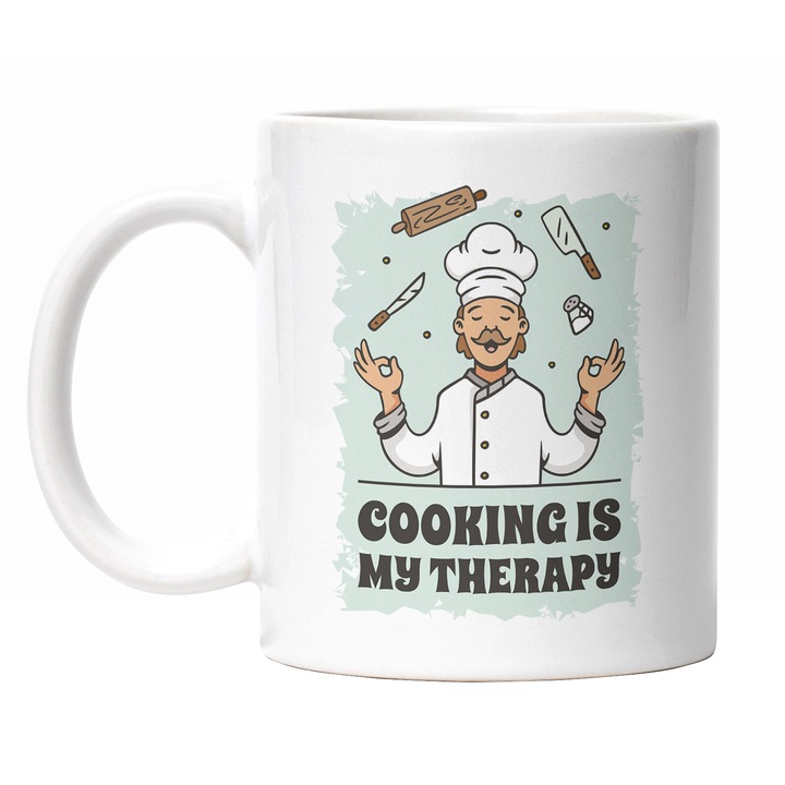 Cana Cu Bucatar Chef Cu Mustata, Instrumente Pentru Gatit Zburand, Text In Engleza Cooking Is My Therapy, Multicolor 330 ml, Maner Alb