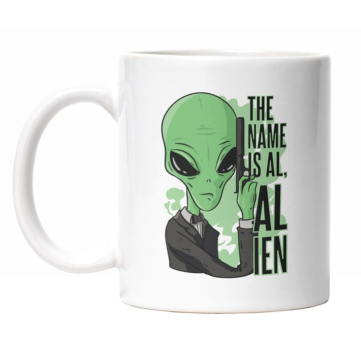 Cana Cu Extraterestru Verde In Costum, Text In Engleza The Name Is Alien, Iubitorii De Filme Cu Spioni, Multicolor 330 ml, Maner Alb