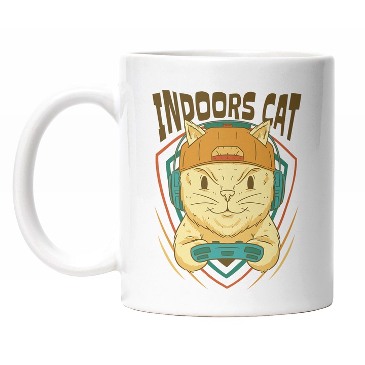 Cana Cu Pisica Gamer Maneta Play Station, Text In Engleza Indoors Cat, Iubitorii De Jocuri Video, Pisici Si Motani, Multicolor 330 ml, Maner Alb