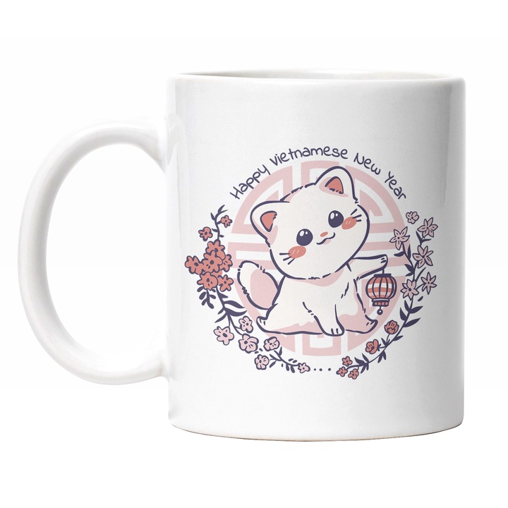 Cana Cu Pisica Alba Intr-o Coroana De Flori, Text In Engleza Happy Vietnamese New Year, Anul Nou Vietnamez, Multicolor 330 ml, Maner Alb
