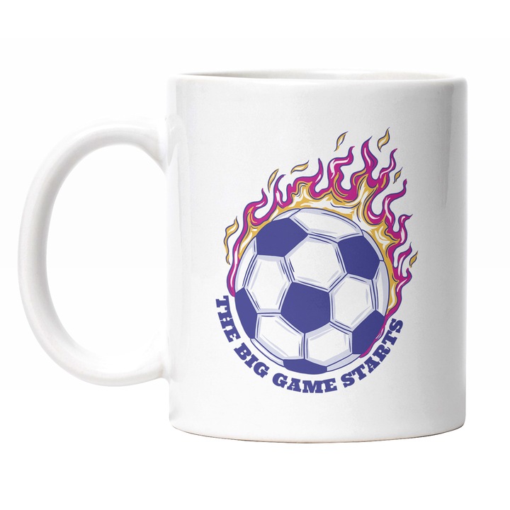 Cana Cu Mesaj In Engleza The Big Game Starts, Minge Fotbal In Flacari, Joc DE Echipa, Campionat, Multicolor 330 ml, Maner Alb