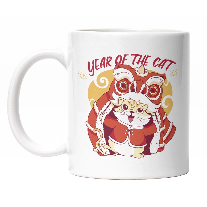 Cana Cu Pisica In Costum Dragon Traditional Chinezesc Rosu, Text In Engleza Year Of The Cat, Traditie Multicolor 330 ml, Maner Alb