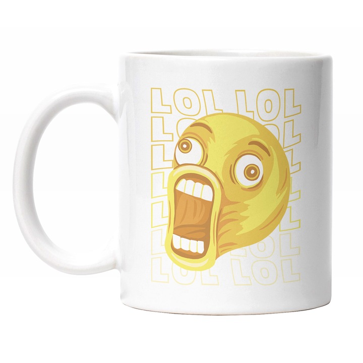 Cana Cu Mesaj In Engleza, Emoji Haios, Emoticon, Lumea Virtuala, Chip Cu Gura Larg Deschisa, Galben 330 ml, Maner Alb