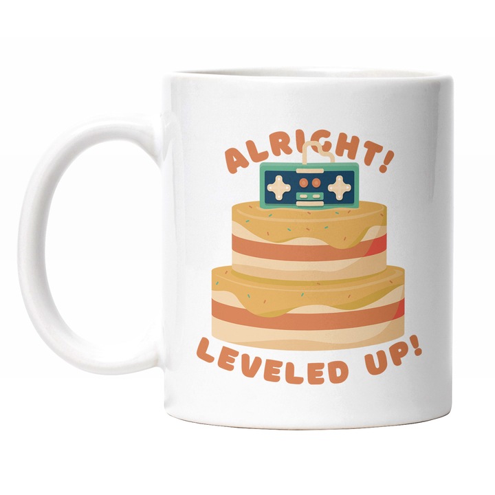 Cana Cu Tort Cu Trei Etaje Maneta Play Station In Varf, Text In Engleza Alright! Leveled Up!, Aniversare, Iubitorii De Ps Multicolor 330 ml, Maner Alb