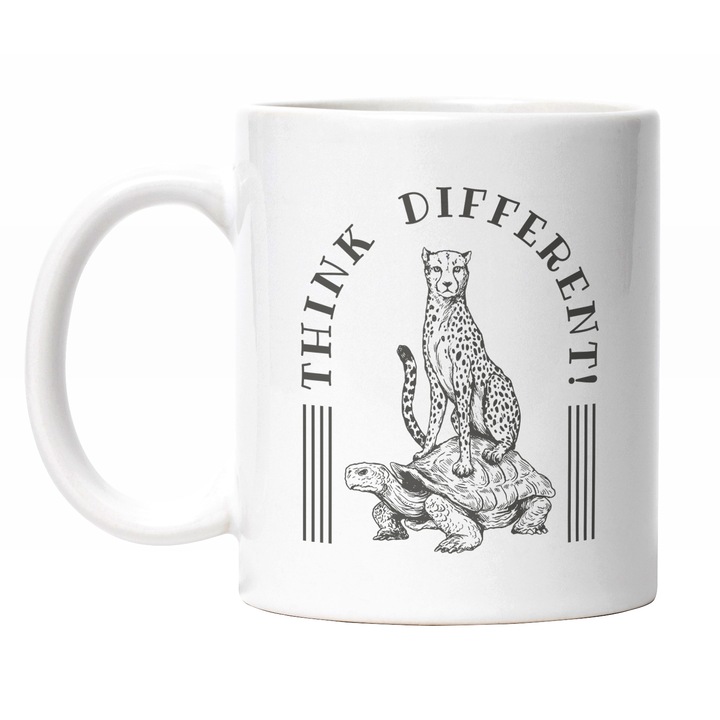 Cana Cu Leeopard Stand Pe Carapacea Unei Broaste Testoase, Citat Motivational Think Different! Ferma, Iubitorii De Animale, Multicolor 330 ml, Maner Alb