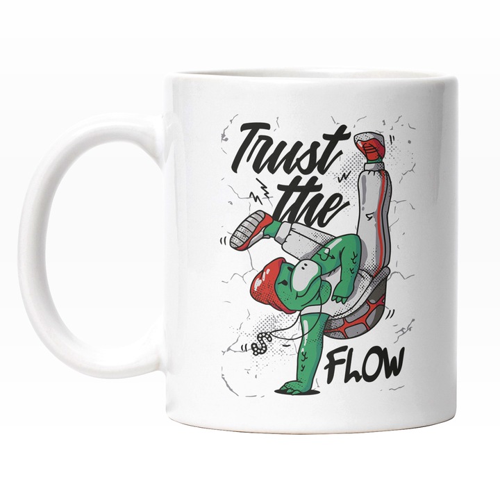 Cana Cu Broasca Testoasa Stand Pe O Mana, Text In Engleza Trust The Flow, Breakdance, Arta Stradala, Multicolor 330 ml, Maner Alb