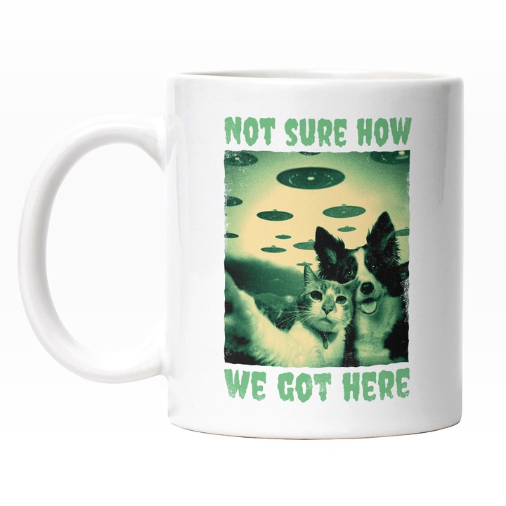 Cana Cu Selfie Pisica Si Caine Rapit De Extraterestri, Mesaj In Engleza Not Sure How We Got Here, Haios, Iubitorii DE Animlae Blanoase, Multicolor 330 ml, Maner Alb