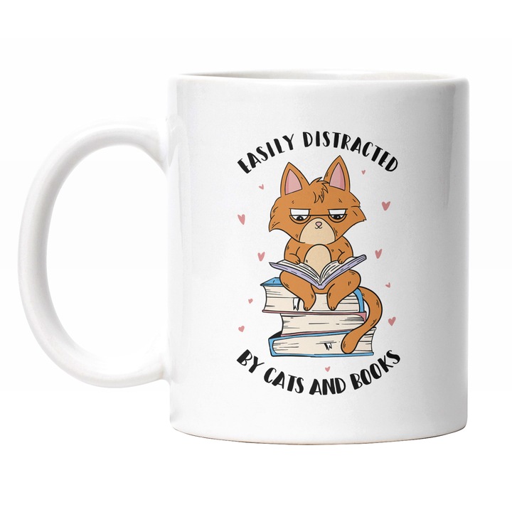 Cana Cu Pisica Stand Pe Un Teanc DE Carti Citind, Ochelari De Vedere, Dezvoltare Personala, Iubitorii De animale Blanoase, Multicolor 330 ml, Maner Alb