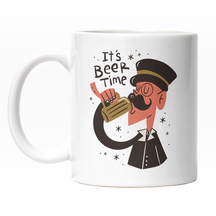 Cana Cu Personaj Masculin Cu Mustata Si Palarie Inalta, Text In Engleza It's Beer Time, Iubitorii De Petrecere, Multicolor 330 ml, Maner Alb