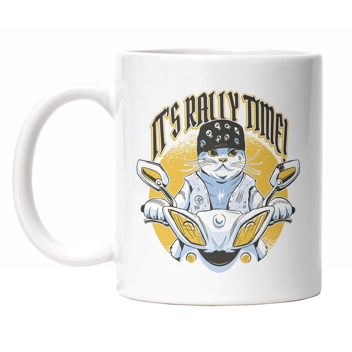 Cana Cu Pisica Motociclista Cu Bandana Neagra Si Mustati Lungi, Text In Engleza It's Rally Time, Iubitorii De Animale Blanoase, Multicolor 330 ml, Maner Alb