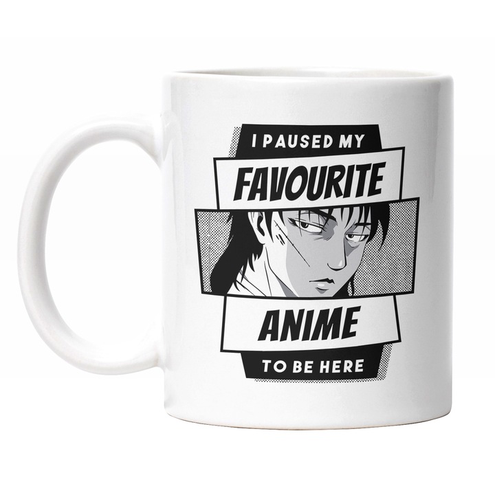 Cana Cu Personaj anime Privire Directa, Mesaj In Engleza I Paused My Favourite Anime To BE Here, Cultura Asiatica, Alb Negru 330 ml, Maner Alb
