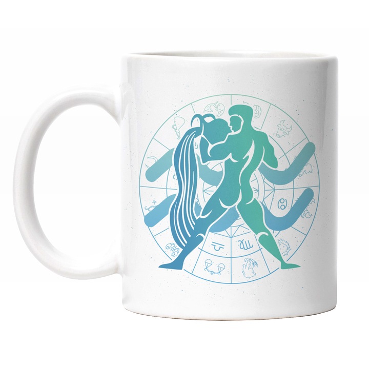 Cana Cu Semn Zodiac Varsator, Simbol Om Varsand Apa, Mituri, Aquarius, Albastru 330 ml, Maner Alb