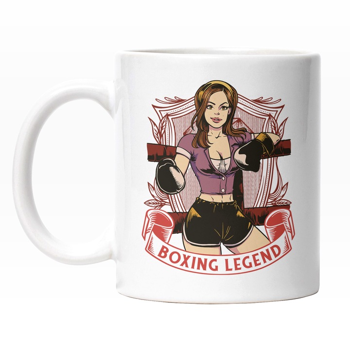 Cana Cu Femeie Bruneta In Ring DE Box, Text In Engleza Boxing Legend, Iubitorii De Sport DE Contact, Multicolor 330 ml, Maner Alb