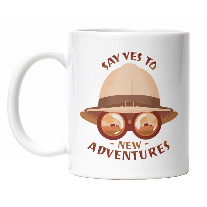 Cana Cu Palarie Si Ochelarii De Explorator, Mesaj In Engleza Say Yes To New Adventures, Iubitorii De Calatorie, Multicolor, 330 ml, Maner Alb