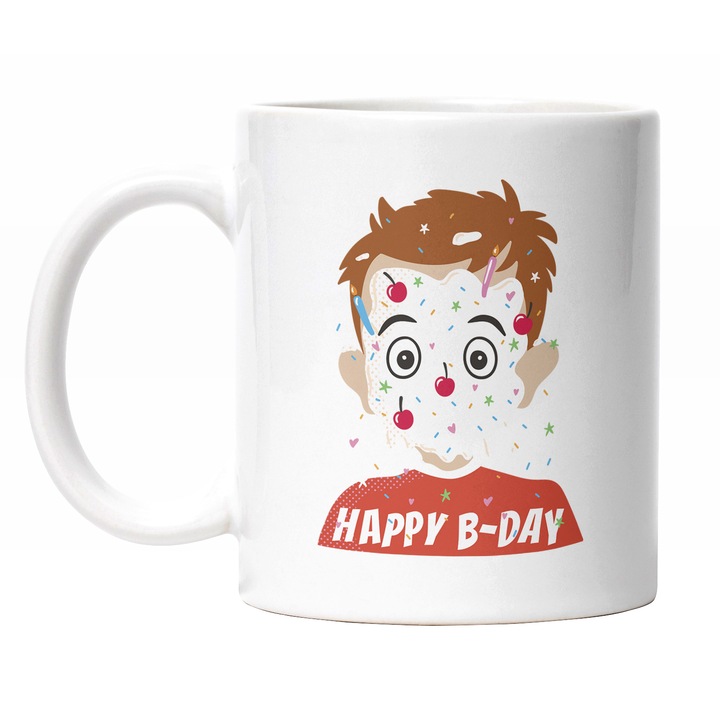 Cana Cu Baiat Cu Tort Pe Fata Si Confetti, Text In Engleza Happy B-Day, Aniversare Placuta, Iubitorii De Jocuri, Multicolor 330 ml, Maner Alb
