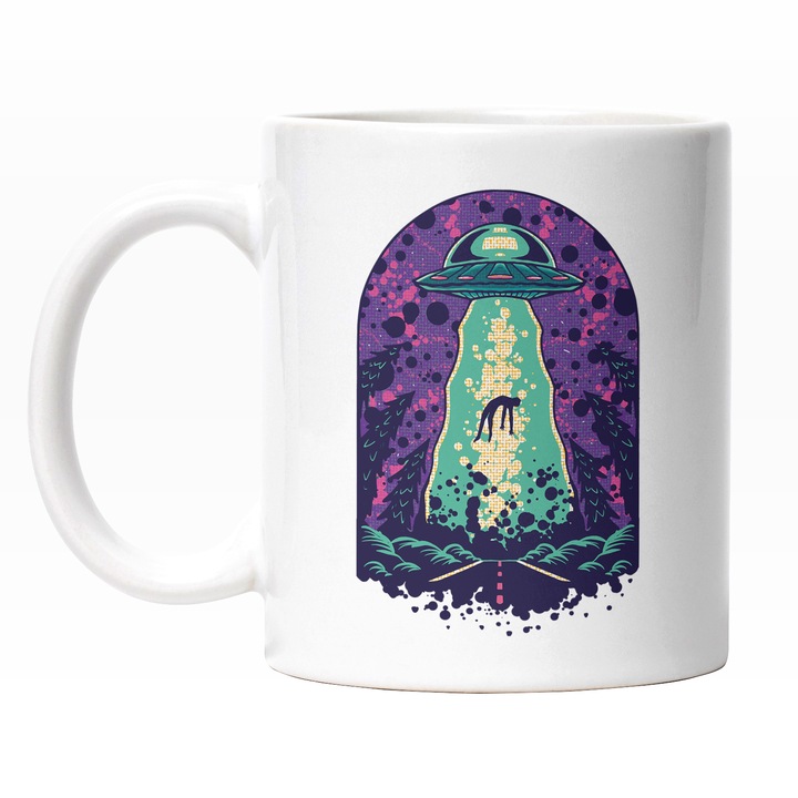 Cana Cu Desene Animat Nava Spatiala DE Extrterestri In Padure Ridicand Un Om, Univers Necunoscut, Mituri, Multicolor 330 ml, Maner Alb