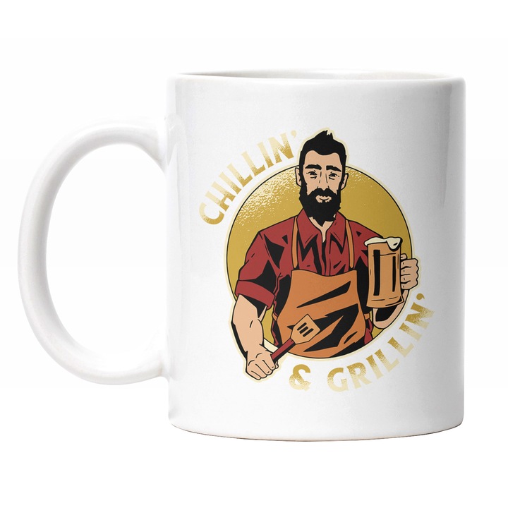 Cana Cu Barbat Brunet Cu Sort Si Halba De Bere Si Paleta Pentru Gratar, Mesaj In Engleza Chilling And Grilling, Iubitorii De Gratar, Multicolor, 330 ml, Maner Alb