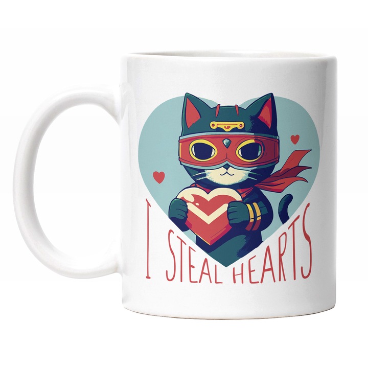 Cana Cu Pisica Ninga Cu O Inima Rosie, Mesaj In Engleza I Steal Hearts, Iubitorii De Pisici Si Motani, Multicolor 330 ml, Maner Alb