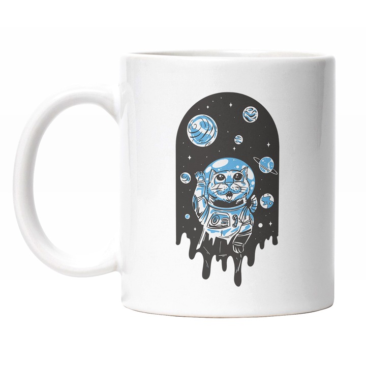 Cana Cu Pisica In Costum De astronaut In spatiu, Astronomie, Pisici Si Motani, Iubitorii De Animale Blanoase, 330 ml, Maner Alb