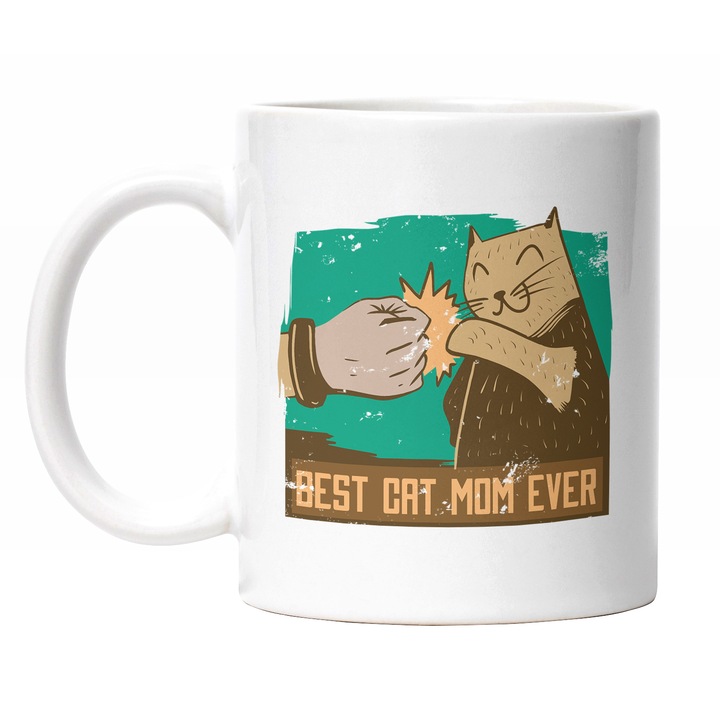 Cana Cu Pisica si OM, Mesaj In Engleza Haios Best Cat Mom EVer, Iubitorii De Pisici si Motani, Multicolor, 330 ml, Maner Alb