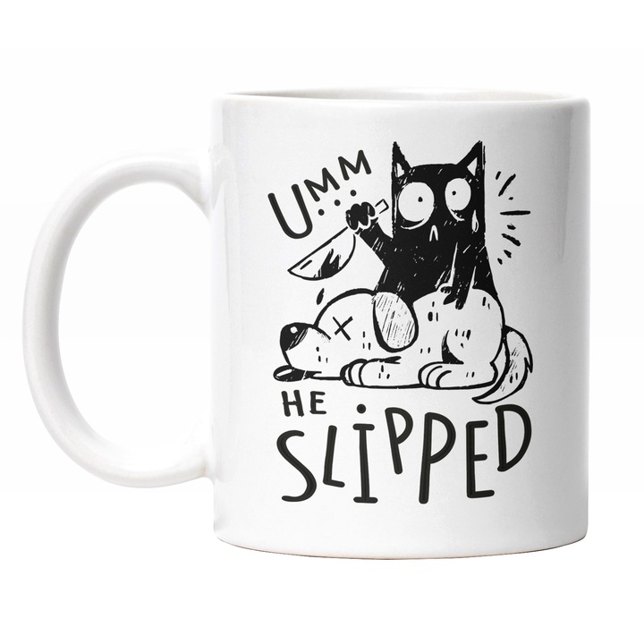 Cana Cu Pisica Neagra Cu Un Cutit Deasupra Unui Caine Mort, Animale Blanoase, Iubitorii De Pisici Si Motani, Negru 330 ml, Maner Alb