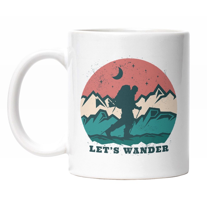 Cana Cu Mesaj In Engleza Let's Wander, Om Calator CU Rucsac In spate Pe Drum Noaptea, Drumetie, Aventura, 330 ml, Maner Alb
