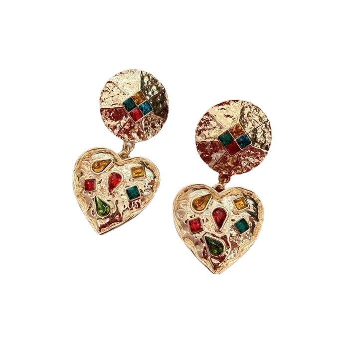 Cercei aurii, forma de inima, cu clips si pietre, Viggo C4, Pursehuit