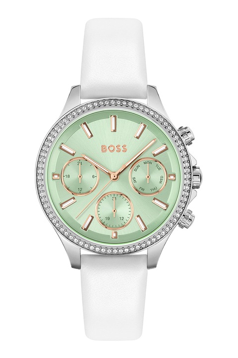 BOSS, Мултифункционален часовник от неръждаема стомана с кристали, Бял