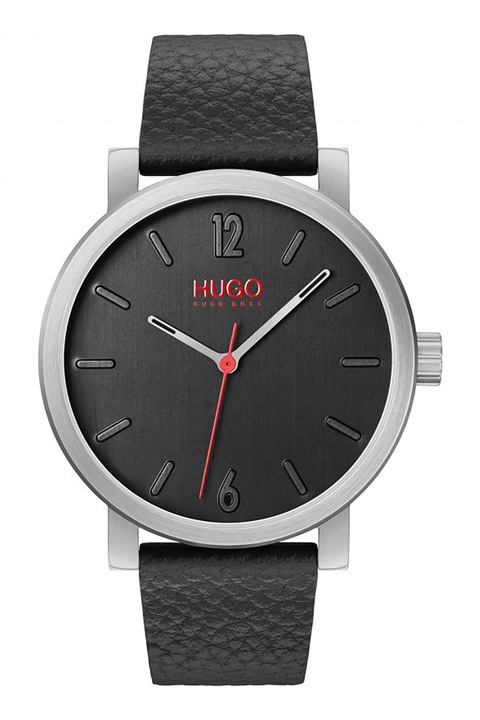 HUGO, Часовник с кожена каишка и лого, Черен