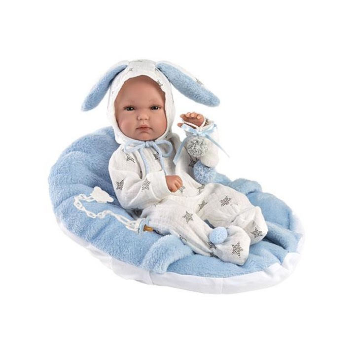 Llorens 5635856 Llorens: Bimbo 35cm-es újszülött fiú baba kék hordozóval