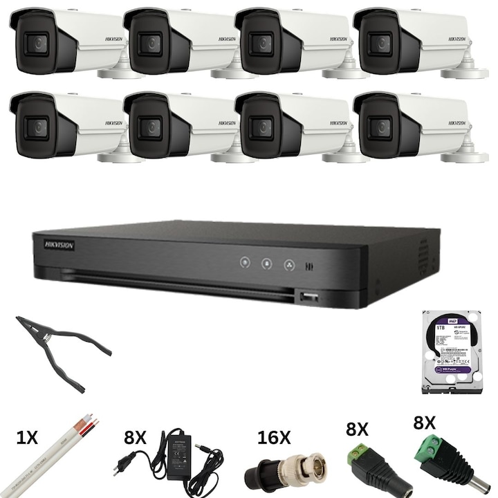 Sistem supraveghere 6 camere Hikvision 4 in 1 8MP, 2.8mm, IR 30m, DVR 8 canale 8MP 4K