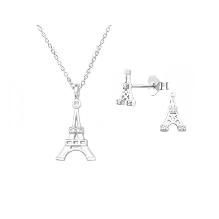 Set argint 925 cercei si colier Paris Turnul Eiffel, Boutique23, cutie bijuterii