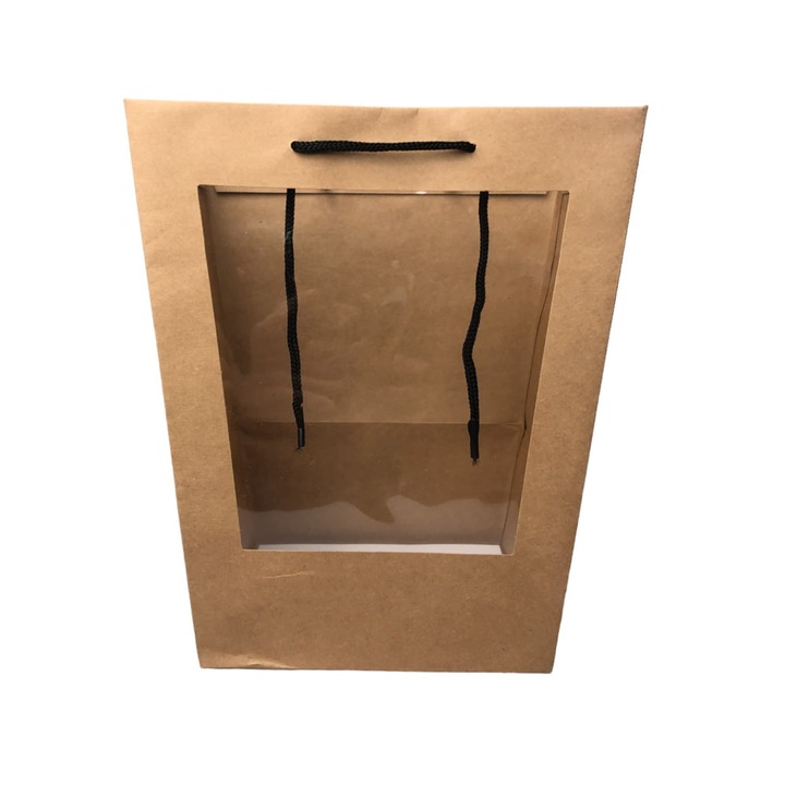 Комплект от 10 трапецовидни крафт еко чанти с дръжка и прозорец, Createur, кафява хартия, 22x16x20 cm