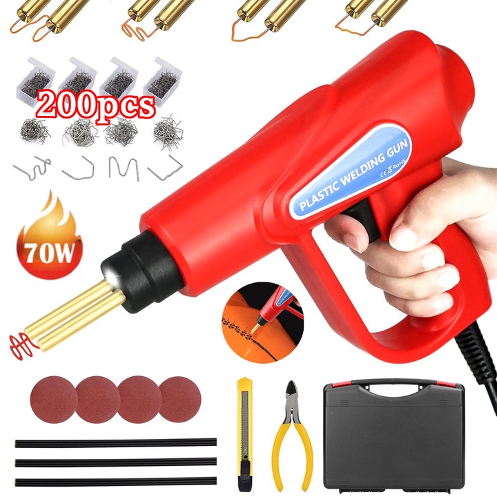 BYONDSELF műanyag forrasztó/hegesztő készlet, 70W, 200 erősítő kapocs, 4 csiszolópapír, 3 műanyag hegesztőpálca, piros