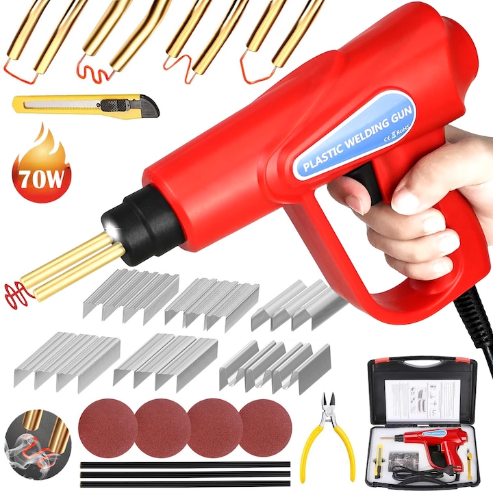 Aparat profesional pentru lipit/sudat plastic, BYONDSELF®,70W,200 capse de intarire, Geanta de mana, Kit pentru Repararea Fisurilor din plastic, Rosu