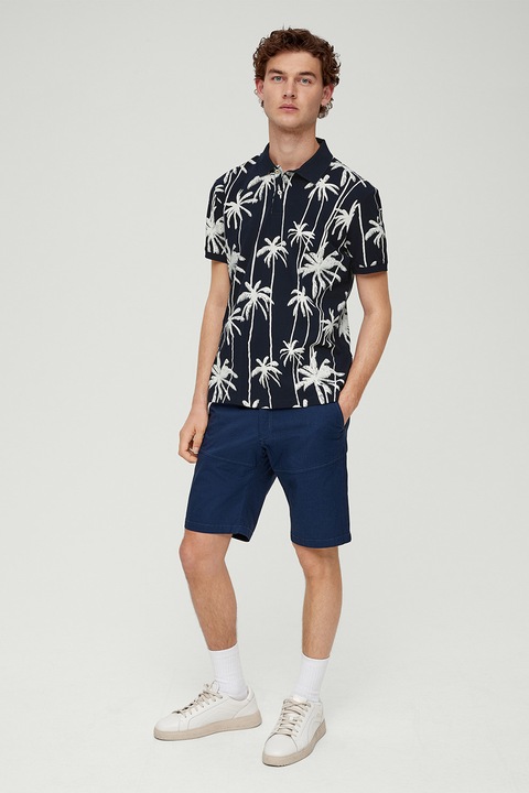 s.Oliver, Тениска с тропическа щампа и яка, Бял/Ултрамарин синьо
