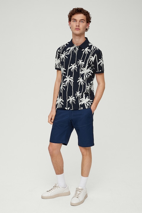 s.Oliver, Тениска с тропическа щампа и яка, Бял/Ултрамарин синьо