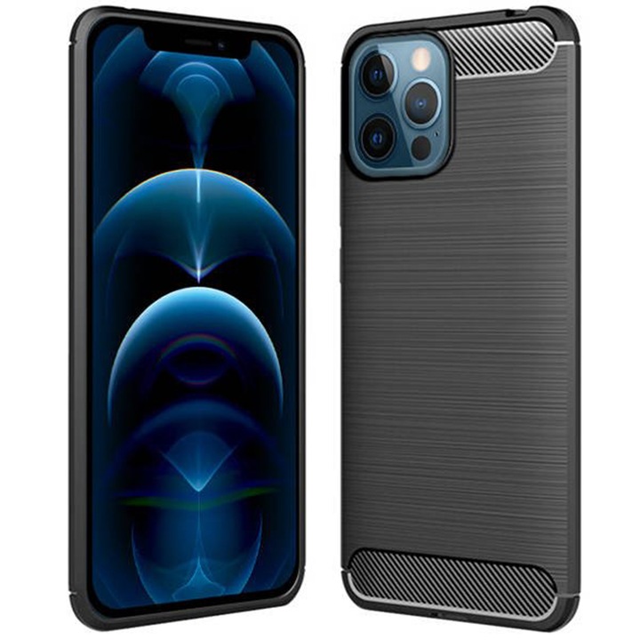 Калъф Supreme Carbon, съвместим с Apple iPhone 12 Pro, Прецизна защита, Набразден дизайн, Подсилени ръбове, Защита от пръстови отпечатъци, Черен