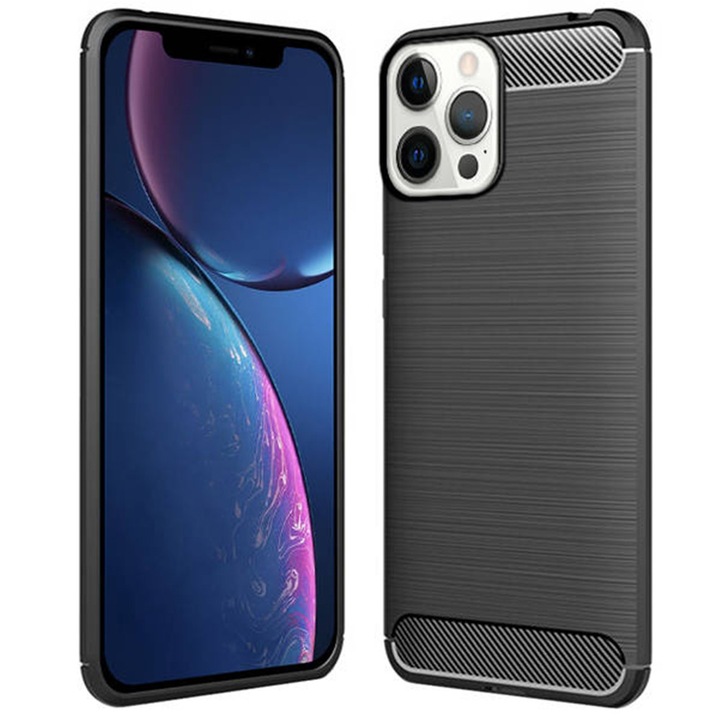 Husa Supreme Carbon compatibila cu Apple iPhone 13 Pro, Protectie precisa, Design canelat, Margini ranforsate, Anti-amprente, Negru