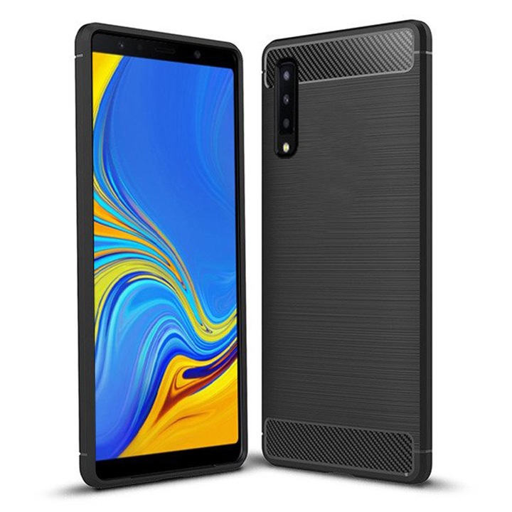 Husa Supreme Carbon compatibila cu Samsung Galaxy A7 (2018), Protectie precisa, Design canelat, Margini ranforsate, Anti-amprente, Negru