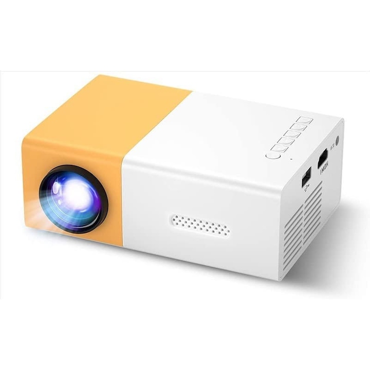 Мини преносим видео проектор, Контраст 800:1, 1920x1080 пиксела, JENUOS, USB/SDcard/Aux/Hdmi, с дистанционно управление, Бял/Жълт