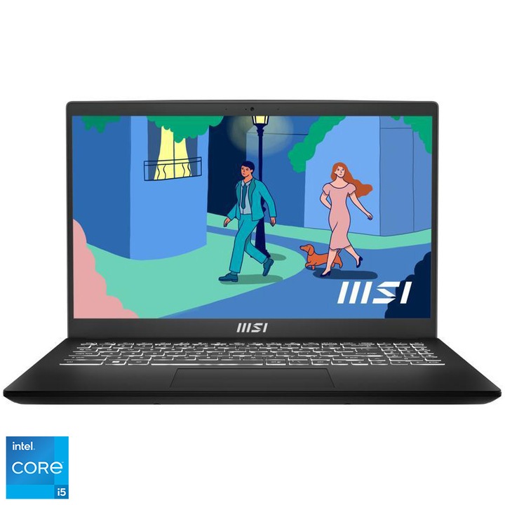 Laptop MSI Modern 15 B12MO cu procesor Intel® Core™ i5-1235U pana la 4.4GHz, 15.6", Full HD, IPS, 8GB DDR4, 512GB SSD, Intel® UHD Graphics, No OS, Black