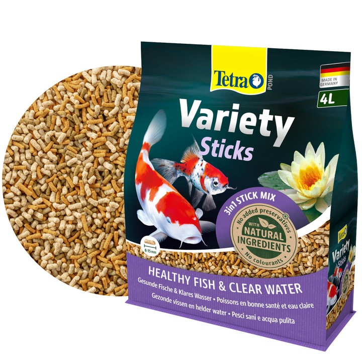 Hrana pentru pesti Tetra Pond Variety Sticks, set 4L, 3 tipuri de bastonase plutitoare, 8-15 mm