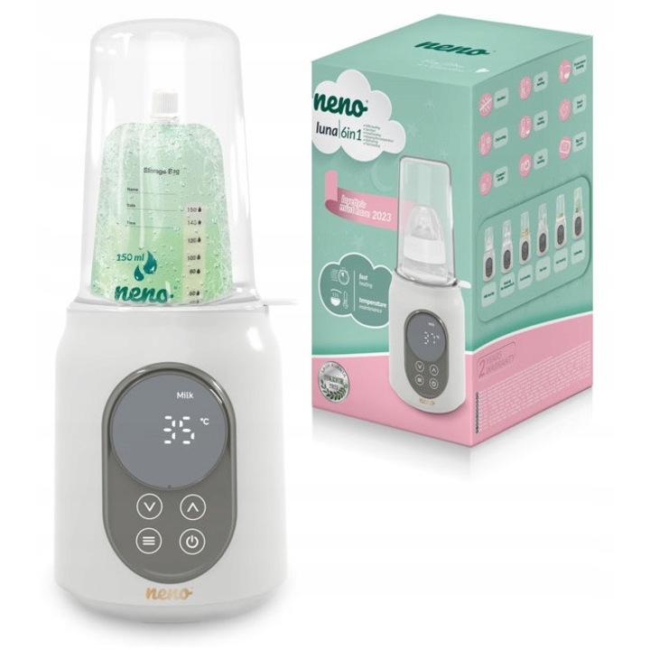 Sterilizator si incalzitor pentru biberon Neno Luna, 6 functii, ecran LCD, 12.6x13x30.5cm